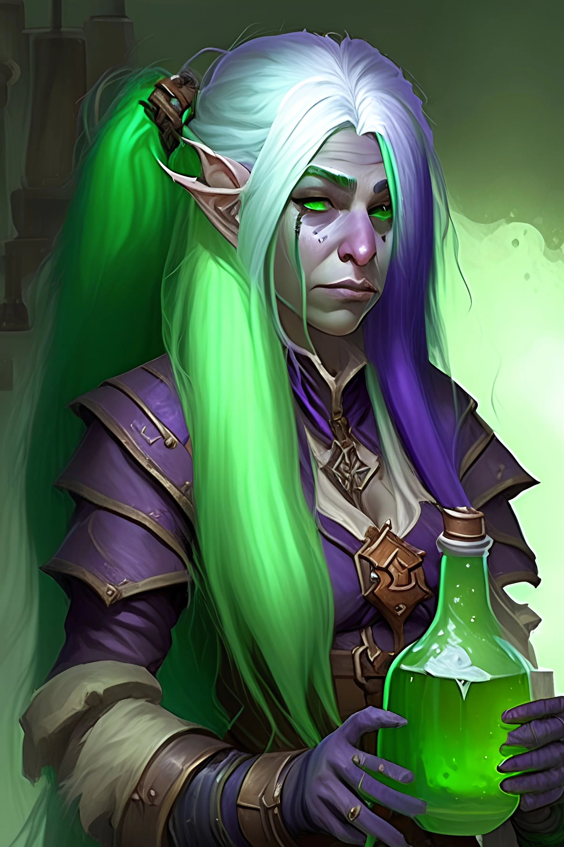 Female duergar alchemist with long green hair