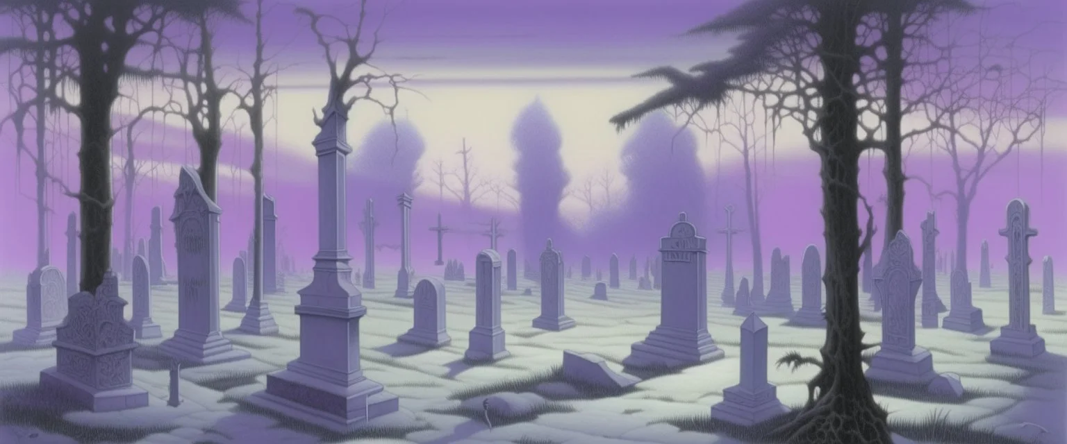 A light purple graveyard with ghosts painted by Caspar David Friedrich