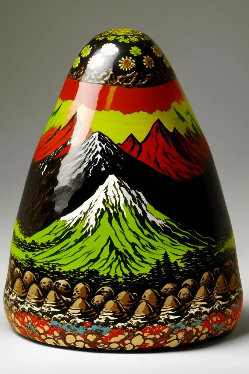 A brown volcanic summit designed in Matryoshka dolls painted by Andy Warhol