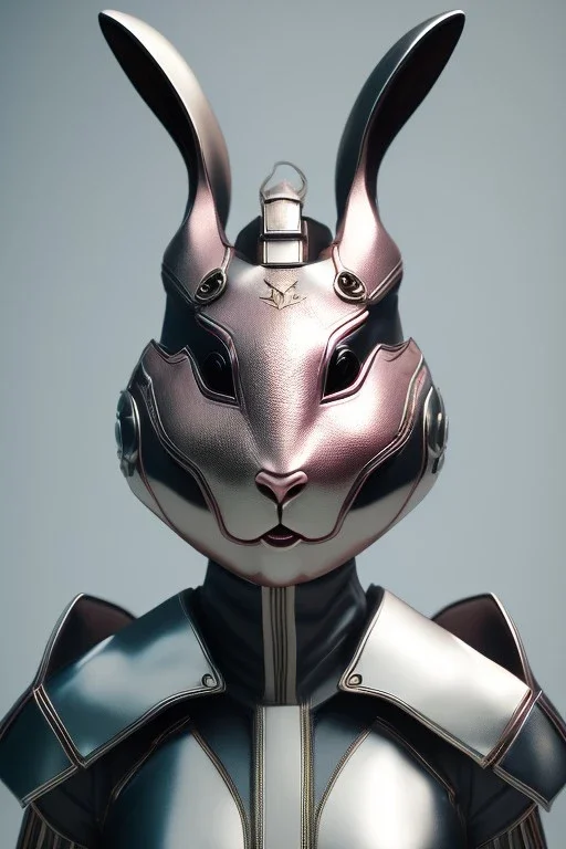 Portrait Sweet Rabbit ceramic mask, silver, pink suit, photo studio, black background, unreal engine 5, concept art, ray tracing, lumen lighting, ultra detail, volumetric lighting, 3d.