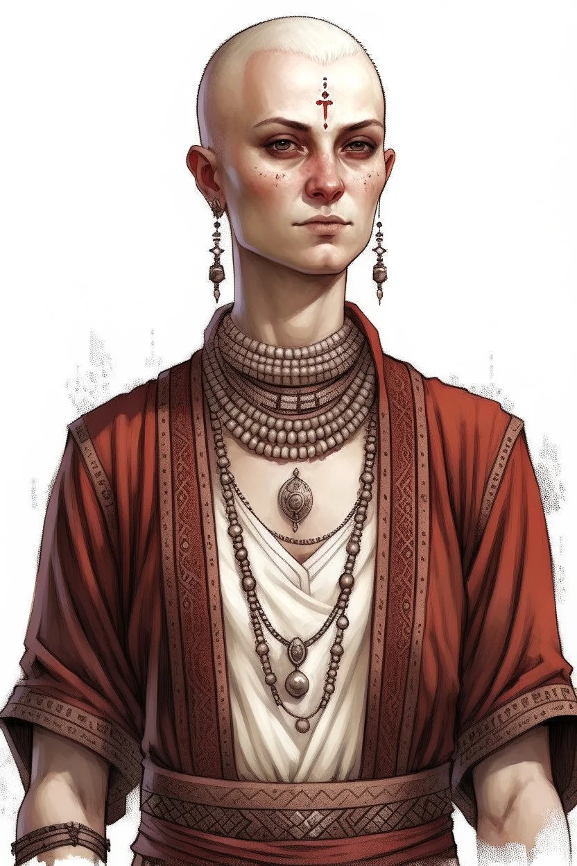 full length, gangly, 22-year old, shaved head, nordic looking grey-eyed female human cleric with a red beaded necklace