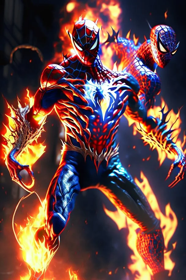 Spiderman from Marvel as a demonic hell spawn with fire on body fighting with Superman from Dc as a demonic hell spawn with fire on body, hell background, Full body display, max level ultra realistic, ray tracing reflections, legendary, energy, HD, photorealistic, HDR, epic composition, Unreal Engine, Cinematic, Color Grading, Ultra-Wide Angle, hyper-detailed, beautifully color-coded, insane details, hyper realistic, intricate details, beautifully color graded, Unreal Engine, Cinematic, Color Gr