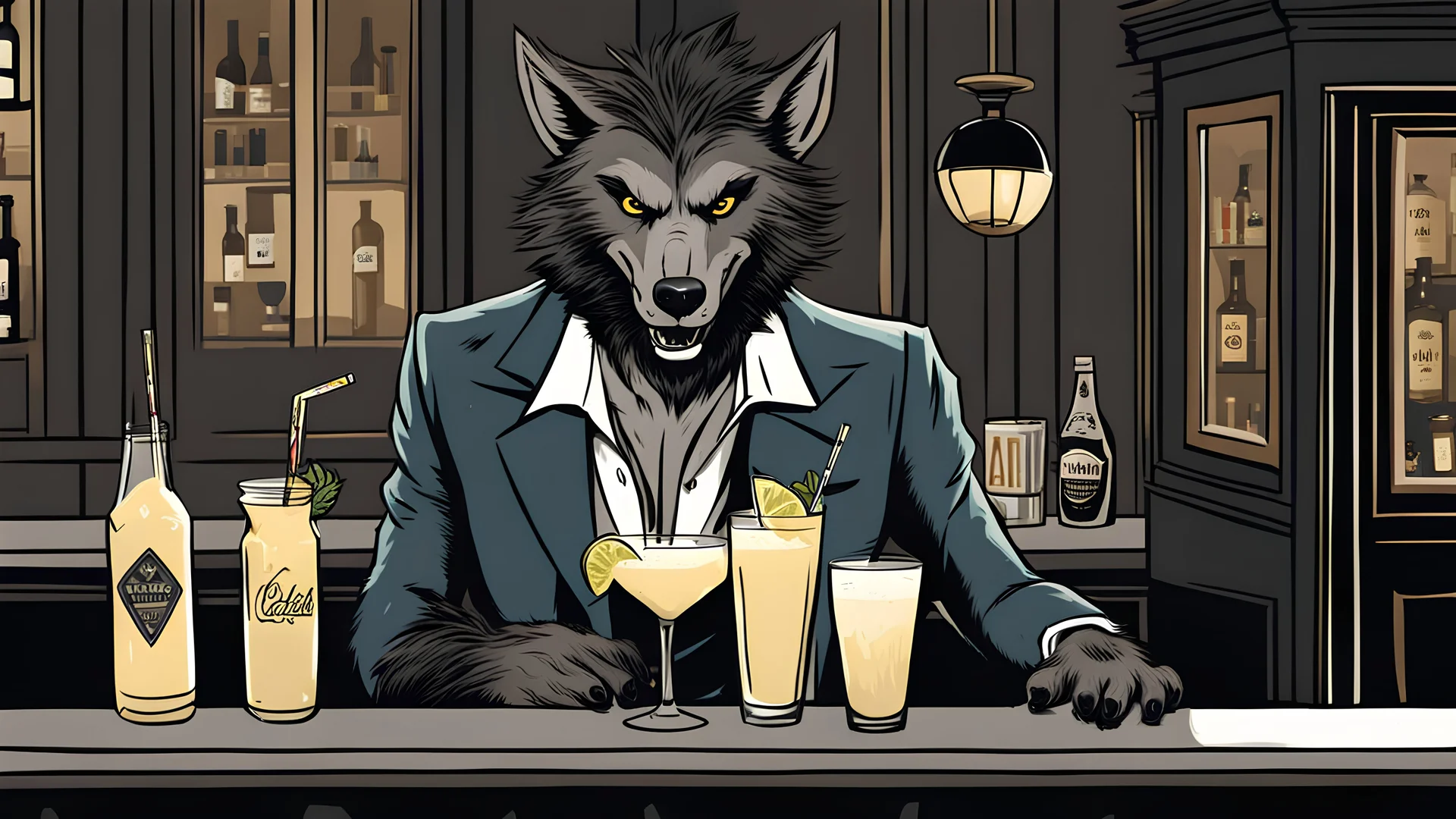 A happy werewolf with a pompadour haircut drinking a Pina Colada at a bar in London. Illustration.