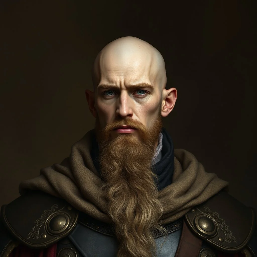 A young large bald noble with ashen skin with a renaissance fantasy grimdark realistic