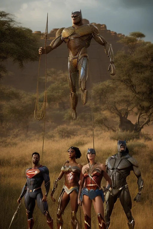 A photo taken from an african village "justice league", <character or scene>, kente, cinematic lighting --v 4 --q 2