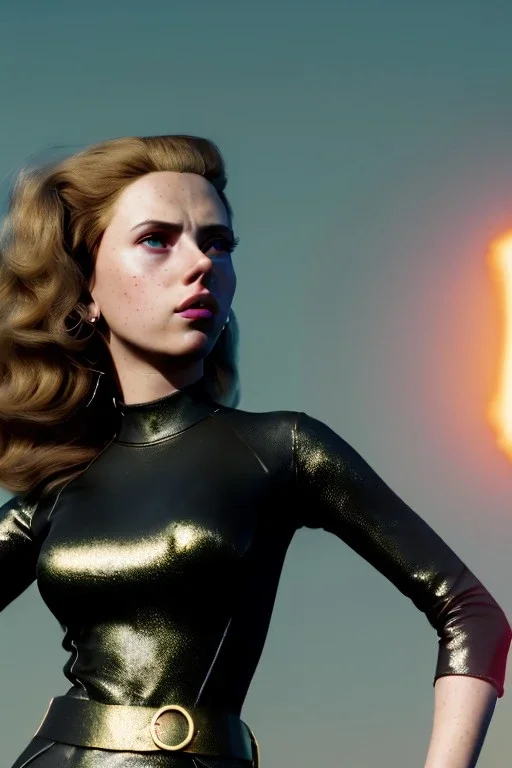 retro portrait image from 1960, explosion background, wind, long hair, young Scarlett Johansson, classic black tight lycra suit, metal stick weapon, gold bracelet and belt, high heel boots, soft color, highly detailed, unreal engine 5, ray tracing, RTX, lumen lighting, ultra detail, volumetric lighting, 3d, finely drawn, high definition, high resolution.