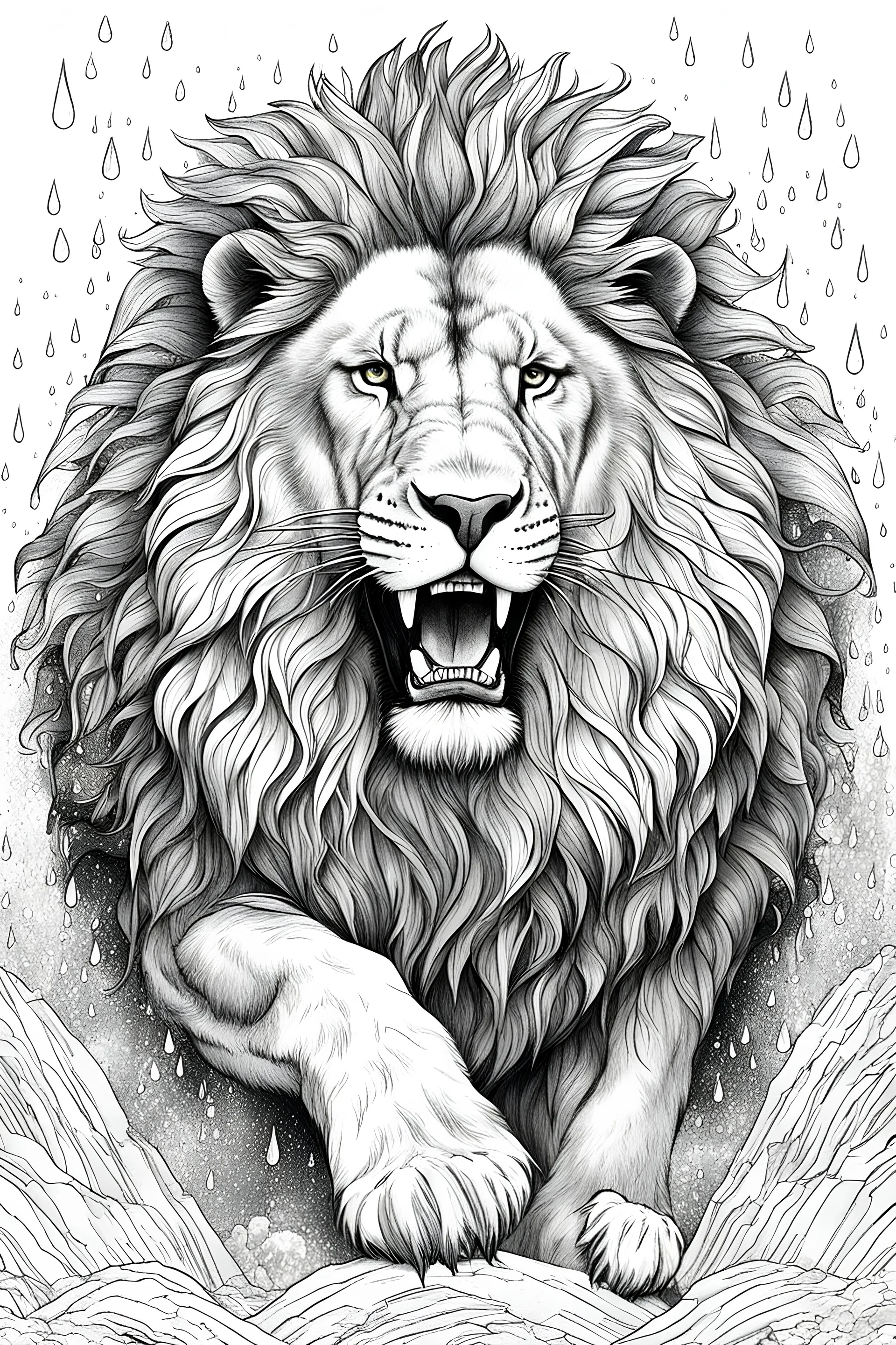 A powerful sketch of a lion roaring amidst a rainfall lonely for coloring book