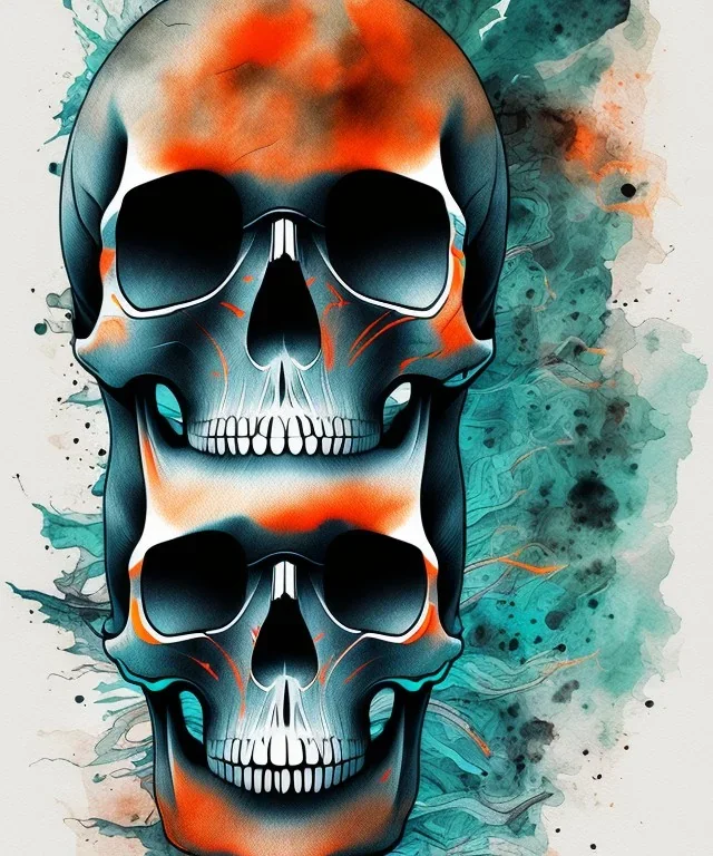 minimal lineart skull. watercolor and ink. black background. teal and orange