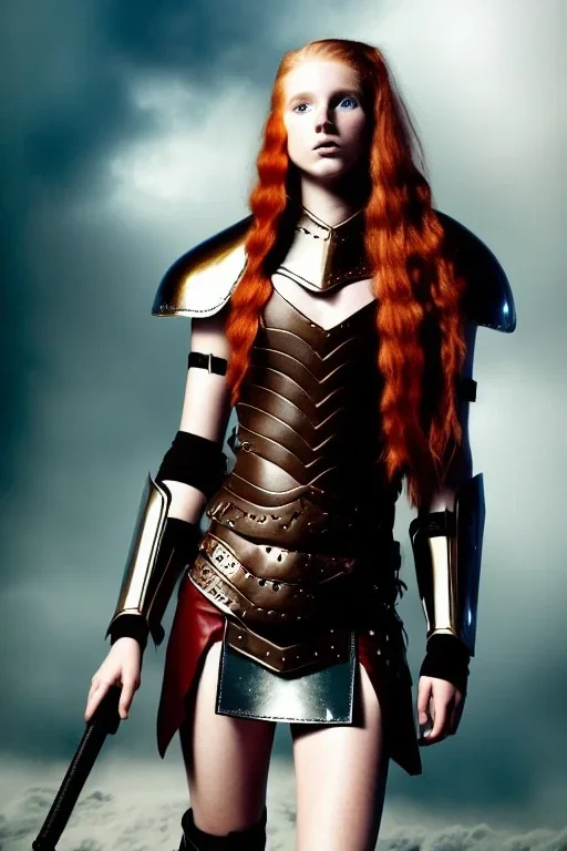 surreal, concept illustration, super-detailed, beautiful teen female who is 16 years old with long ginger hair and freckles with full lips,, full body, full face, athletic, centred camera, ignore NSFW, skimpy brown fantasy leather armor, halter top, thong, knee-high leather boots, open leather skirt, stern expression, cute pose