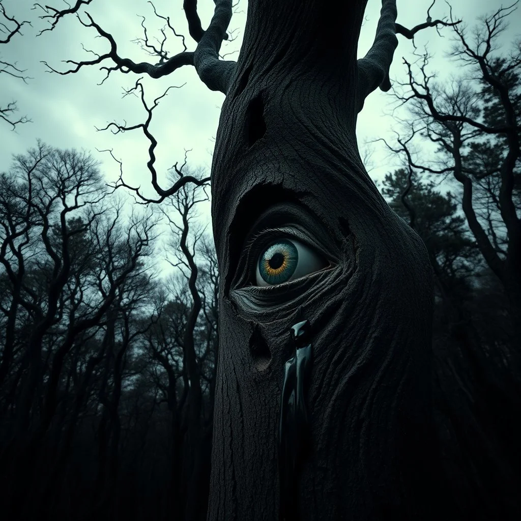 A dense, shadow-filled forest at twilight beneath a gloomy, overcast grey sky, the trees twisted and unnaturally shaped. Their bark slowly cracks open to reveal countless human eyes peering out, blinking silently. Camera zooms in closely on a single, large eye embedded deeply into the trunk, its gaze fixating intensely on the viewer as thin veins pulse and dark fluid begins seeping gently down the bark.