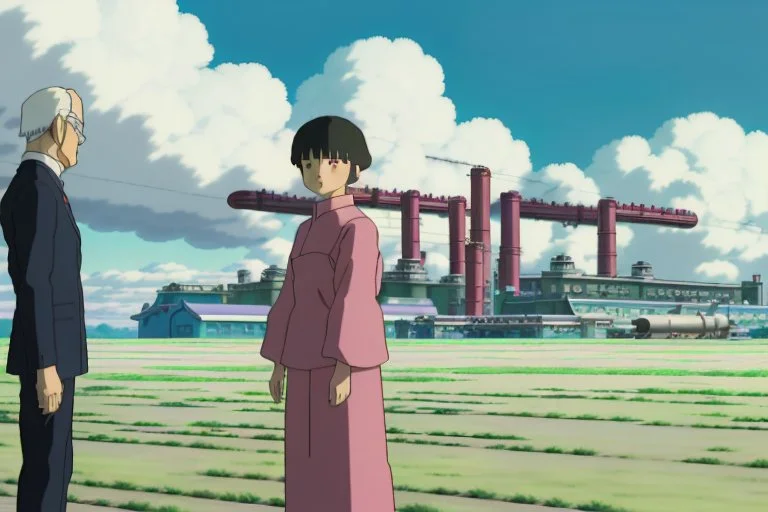 Yui stands with Toshi, an older man with a haunted gaze, revealing a history tied to the ominous AeroCorp. In the backdrop, the AeroCorp's massive, industrial complex ominously towers over the natural landscape.