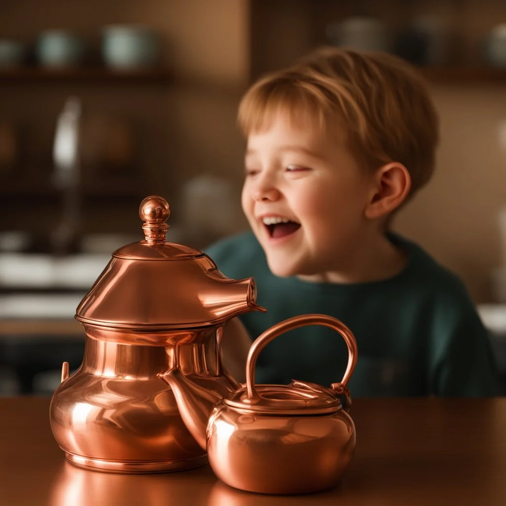 A copper teapot reflects the image of a laughing child