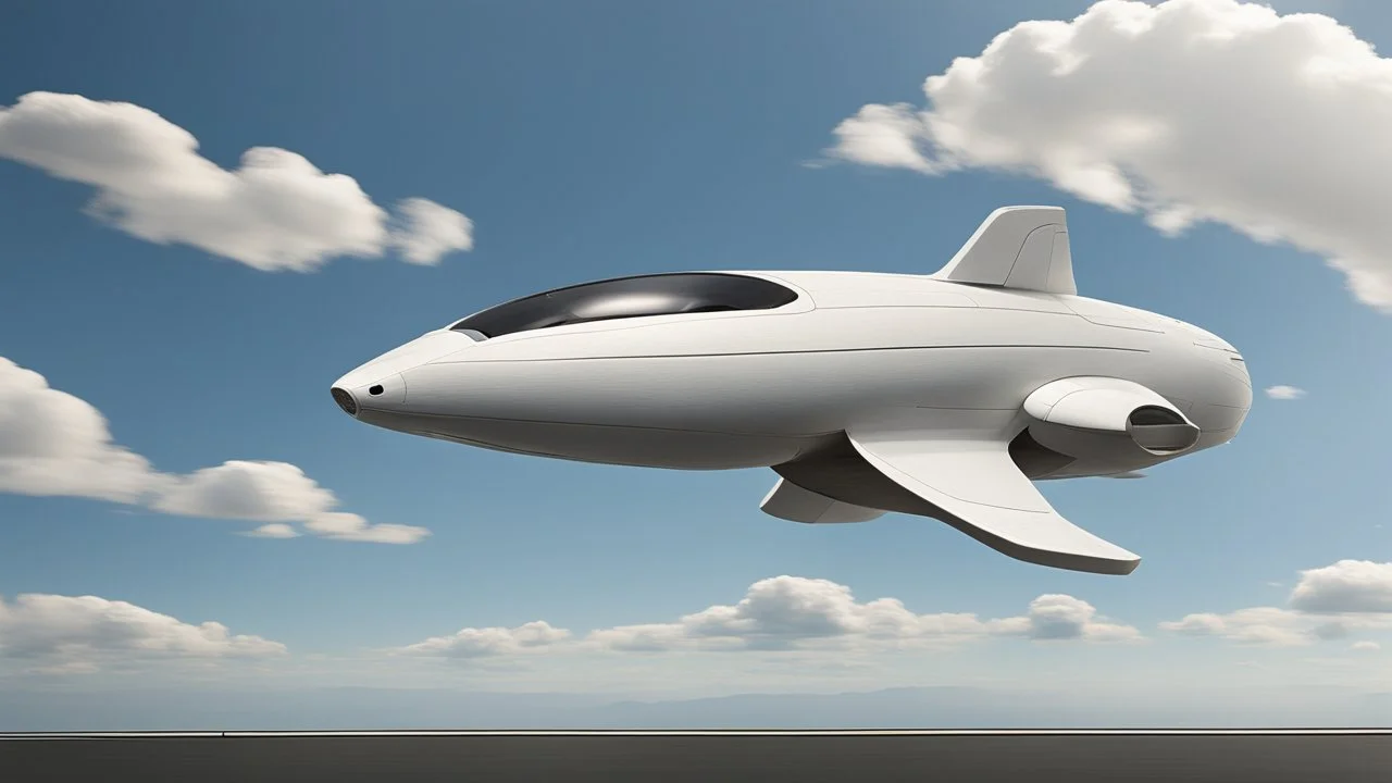 A Spacecraft, shaped like a passenger jet, without wings, hovering above a road, blue sky, white clouds