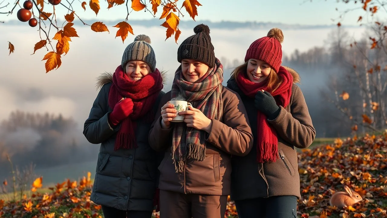 Autumn: falling leaves, Misty mornings, fog over distant fields or forests, sunshine; people wearing scarves, woolly hats, gloves, holding mugs of steaming hot drinks; chestnuts, acorns, berries, rowan, holly, mistletoe; birds migrating; squirrels gathering nuts; rabbits; beautiful colours, atmospheric. Award winning photograph.