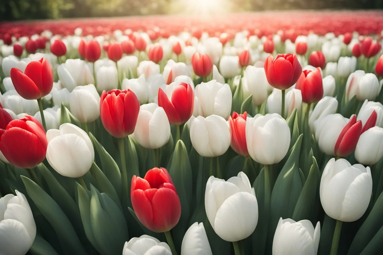 photorealistic red tulips above and white tulips down in flowergarden, soft lighting, sharp focus, rough edges in sunshine