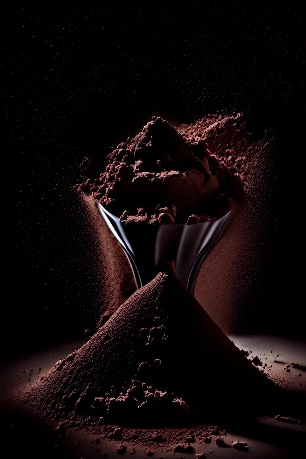 protein powder, scoop, piles, powder, brown, view from the front, dark studio setting, black background