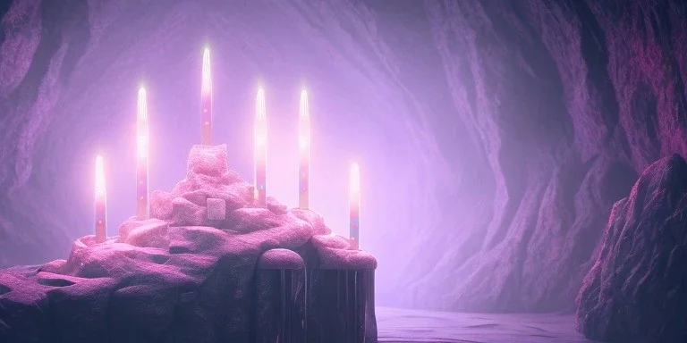 single pink crystal, on an altar in a foggy cave, cinematic,