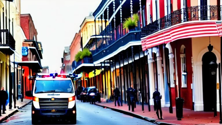 A police Tesla Cybertruck is chasing a Tesla 'Model S Plaid' at top speed, across the 'French Quarter' in New Orleans, Louisiana. CINEMATIC. WIDE ANGLE LENS.
