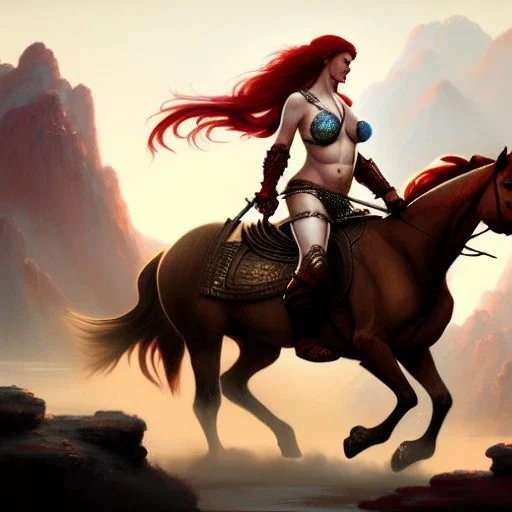 ultra detailed portrait of beautiful Red Sonja riding an arabian horse,wearing plate armor, extremely detailed digital painting, in the style of fenghua zhong and ruan jia and jeremy lipking and peter mohrbacher, mystical colors, rim light, beautiful lighting, 8 k, stunning scene, raytracing, octane, trending on artstation