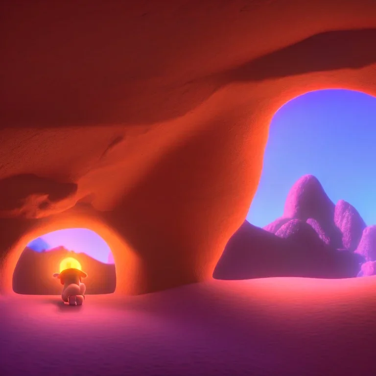 Cave in a desert mountain, hyper realistic, photography, rays, amazing lighting