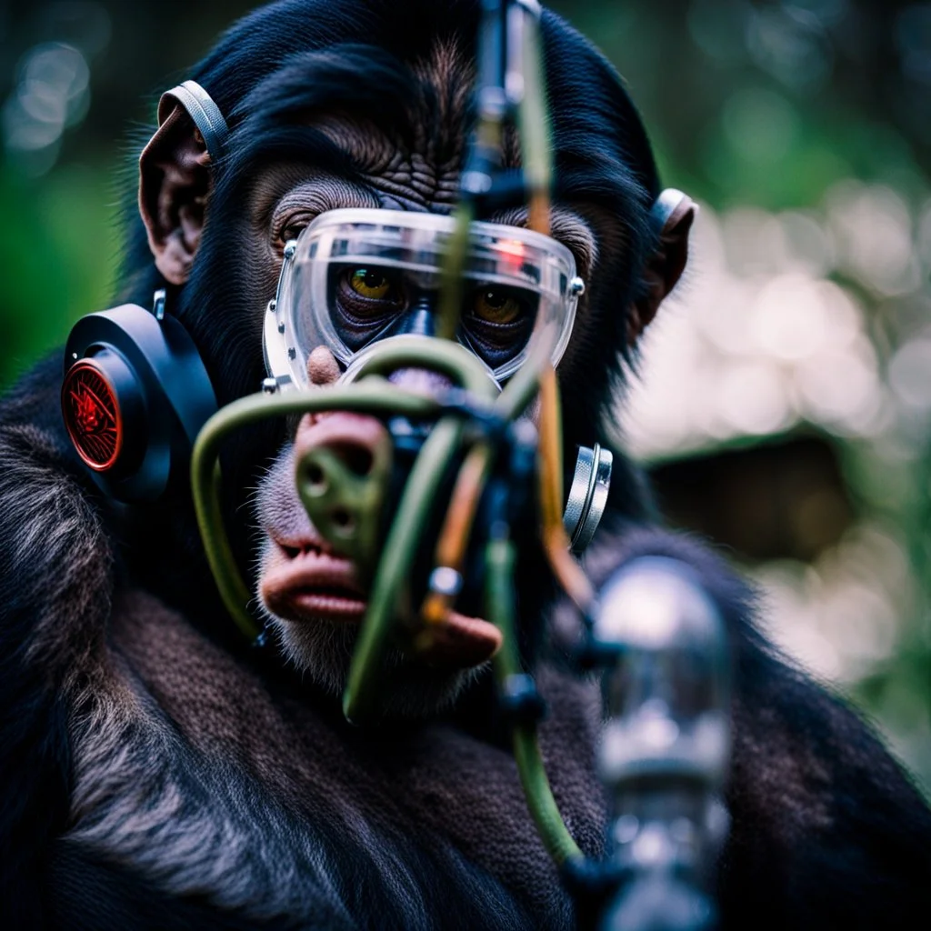 Ape, Primate, hominid, breathing device, respirator, Dystopian, Extreme depth of field, bokeh blur, Alberta, all-natural, in the style of candid, Fuji Film, Anamorphic lens