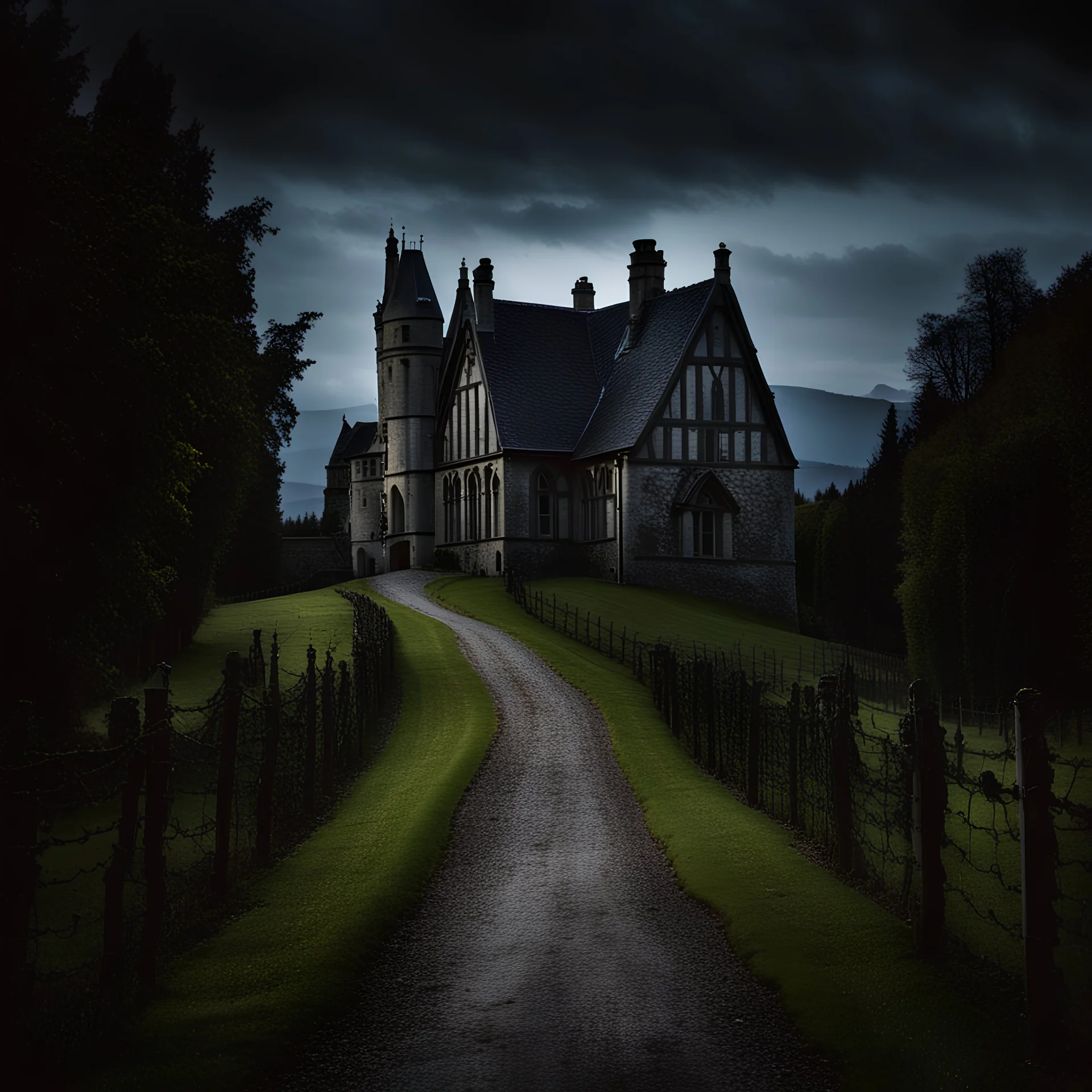 property, house and vineyard, chest on a road in front of a house, gothic, darkness