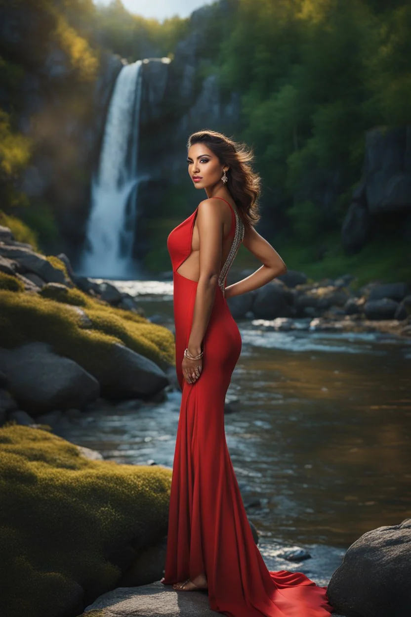 full shot body photo of the most beautiful artwork in the world featuring model, happy mood, High Detail, dramatic, photo realistic, ultra sharp, ultra hd, hyper realistic, ultra realistic, ((((dress)))), trending on artstation, sharp focus, studio photo, intricate details, highly detailed, standing in nice pose in country side with river ,water fall ,rocky valley,mountains at background, pretty clouds