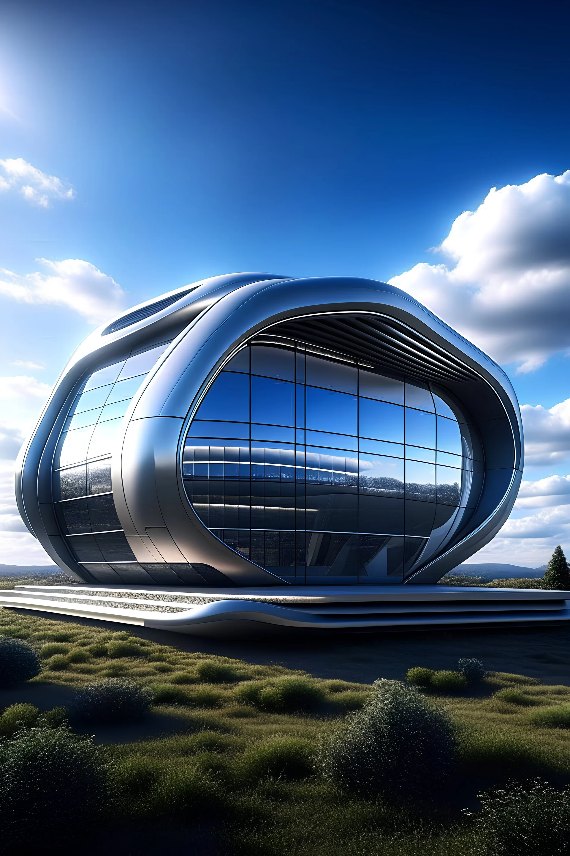 render realista de construcción tipo cabaña futurista con un diseño aerodinámico
