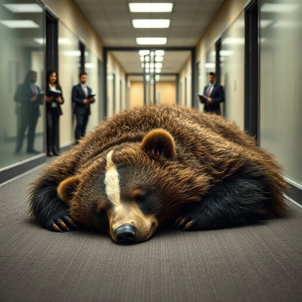 grainy photography of a huge dirty contented bear sprawled out and sleeps in the office corridor, in the background there are transparent glass doors behind which frightened workers stand with folders in their hands and watch the badger, high detail, cinematic, realistic, backlight