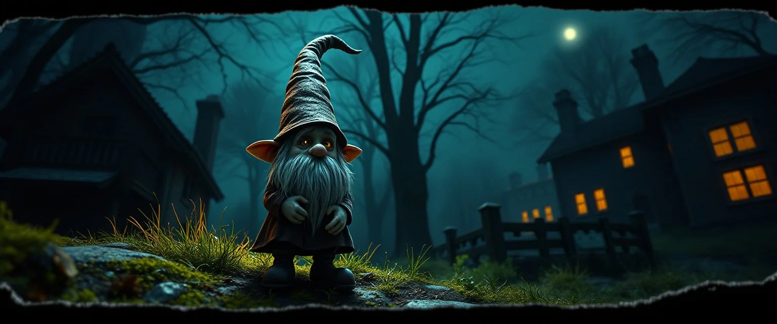 style John Atkinson Grimshaw,3d airbrush render, cut out darkling slender gnome with bright aura , pinhole cam, airbrush 3d rendering, torn edges on border