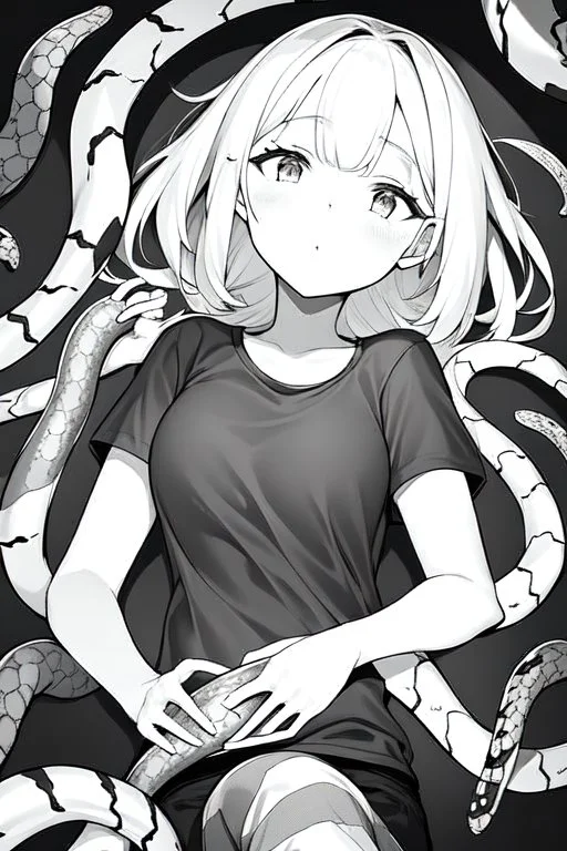 girl in T-shirt lying on the ground and covered with snakes, greyscale