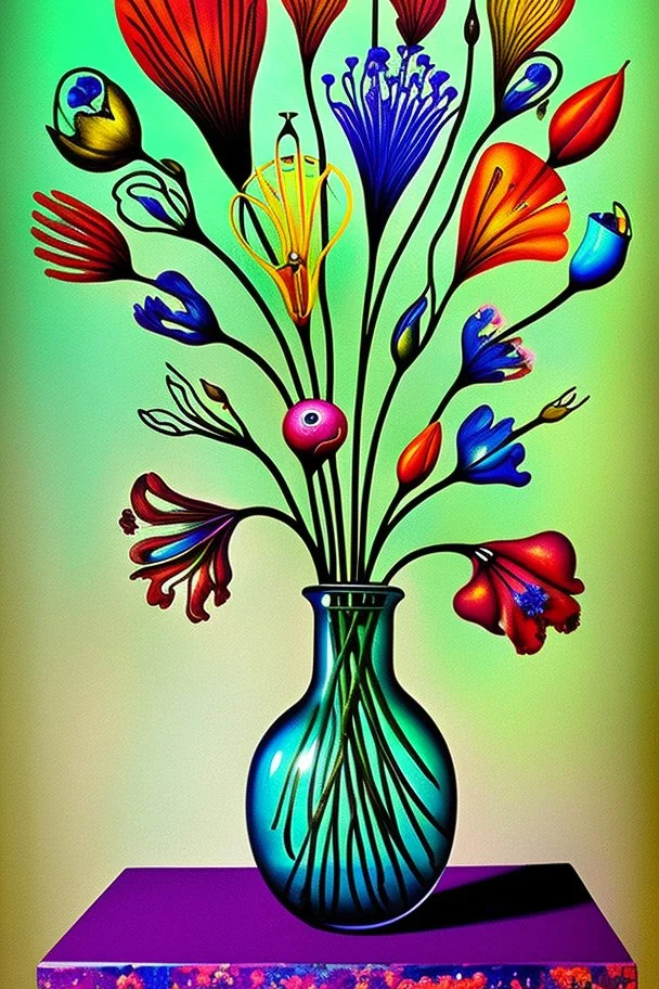 melted flowers in a glass vase, melted family pictures on the wall in the style of Salvador Dali's with green, blues, orange and purples, surrealism style