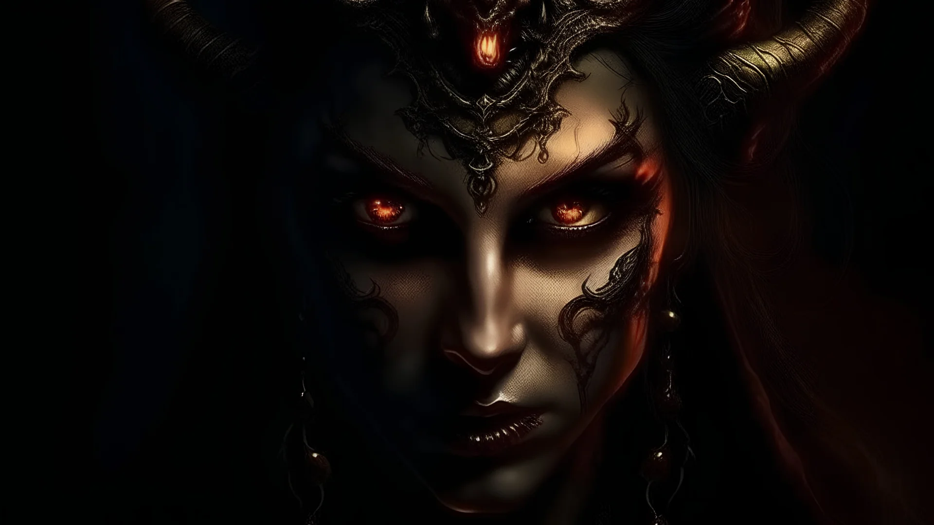 Transcendent being, jinn, Devil with evil face, be a girl, scary, dark, with mysterious eyes, real