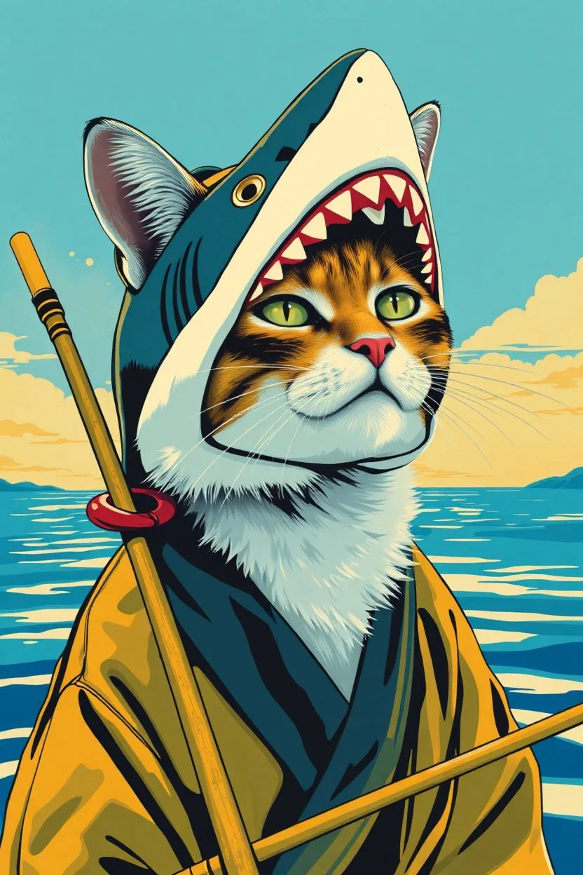 cat with shark mask hat solana fishing japanese style in the style of warhol
