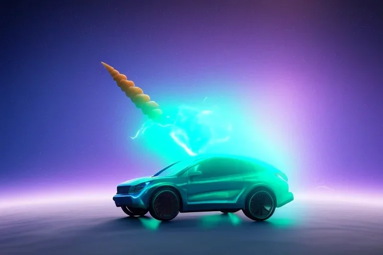 one glowing unicorn in a car in space,unicorn has carrot in mouth . nebula in the backround,