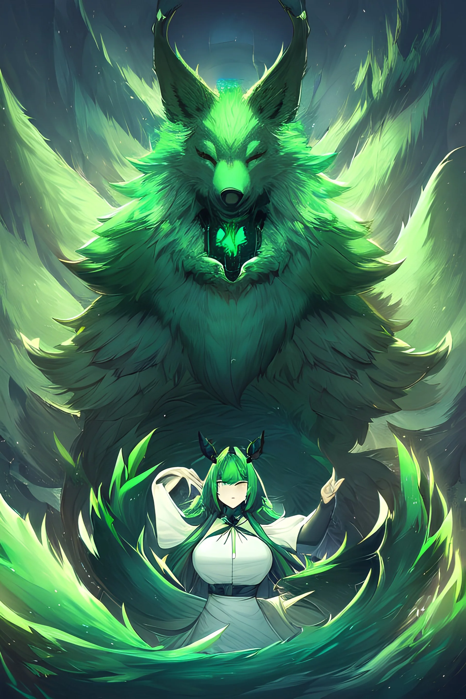 A emerald green fox turning into a magnificent phoenix going from darkness to light