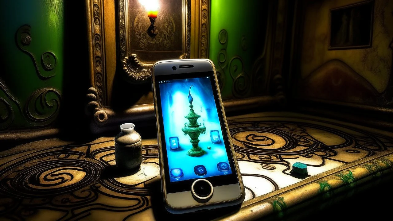 I want a picture that shows a haunted cell phone with a genie in it