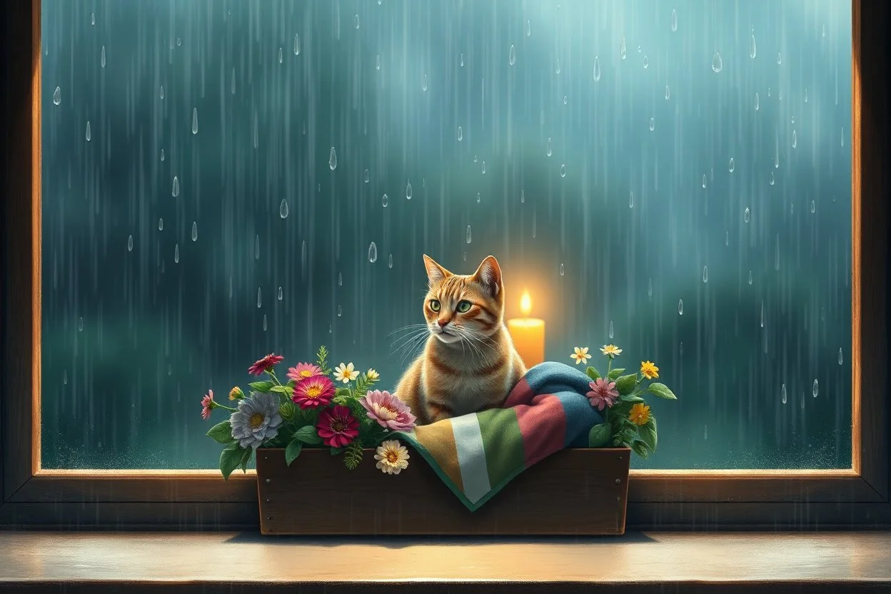 A wide, cinematic digital painting viewed from outside a large rain-covered window. A cat sits inside on a broad windowsill, nestled in a flower-filled planter box and partially wrapped in a colorful blanket. Raindrops streak and bead on the glass, some shaped like delicate teardrops. The cat gazes out with calm curiosity. Behind it, warm candlelight or a soft amber lamp glows, casting golden light on the cat’s fur. The wide window frame allows space on either side, creating a peaceful, balanced