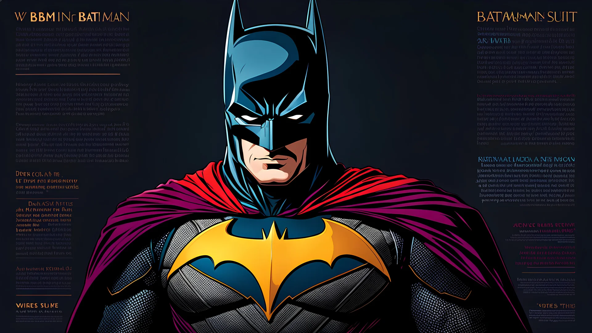 An amazing Infographic drawing of a medieval Batman suit, deep rich colors, bold and loose lines, vivid and vibrant text, and perfect composition.