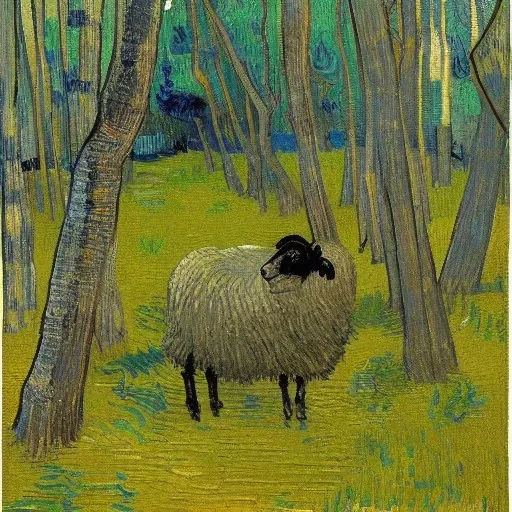 one sheep in the net in the forest Van Gogh