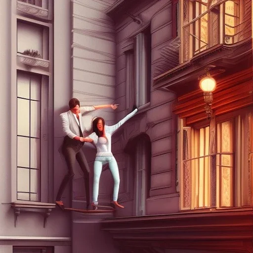 a man pushing a woman over a balcony, downtown new york, dramatic, dramatic lighting, volumetric lighting, hyperrealism, 8k, high quality, photorealistic, lot of details