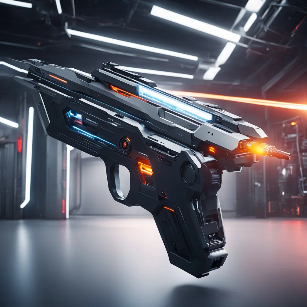 futuristic space gun inside a high tech armory: impulse