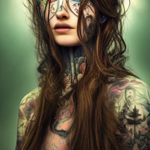 "perfect long-haired woman, full face tattoo of flower art and trees extending past face and morphing into reality, 8k resolution, high-quality, fine-detail, intricate, digital art, volumetric lighting