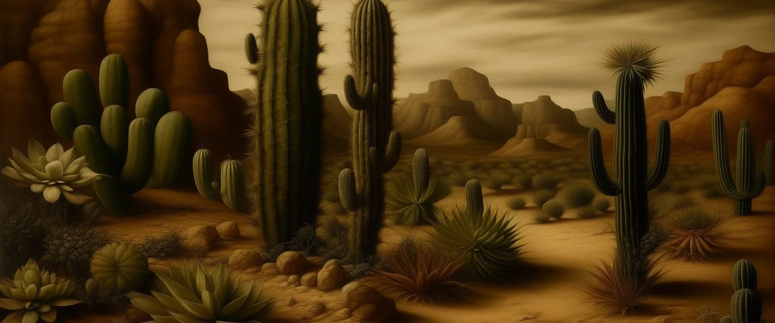 A brown desert with cacti painted by Leonardo da Vinci