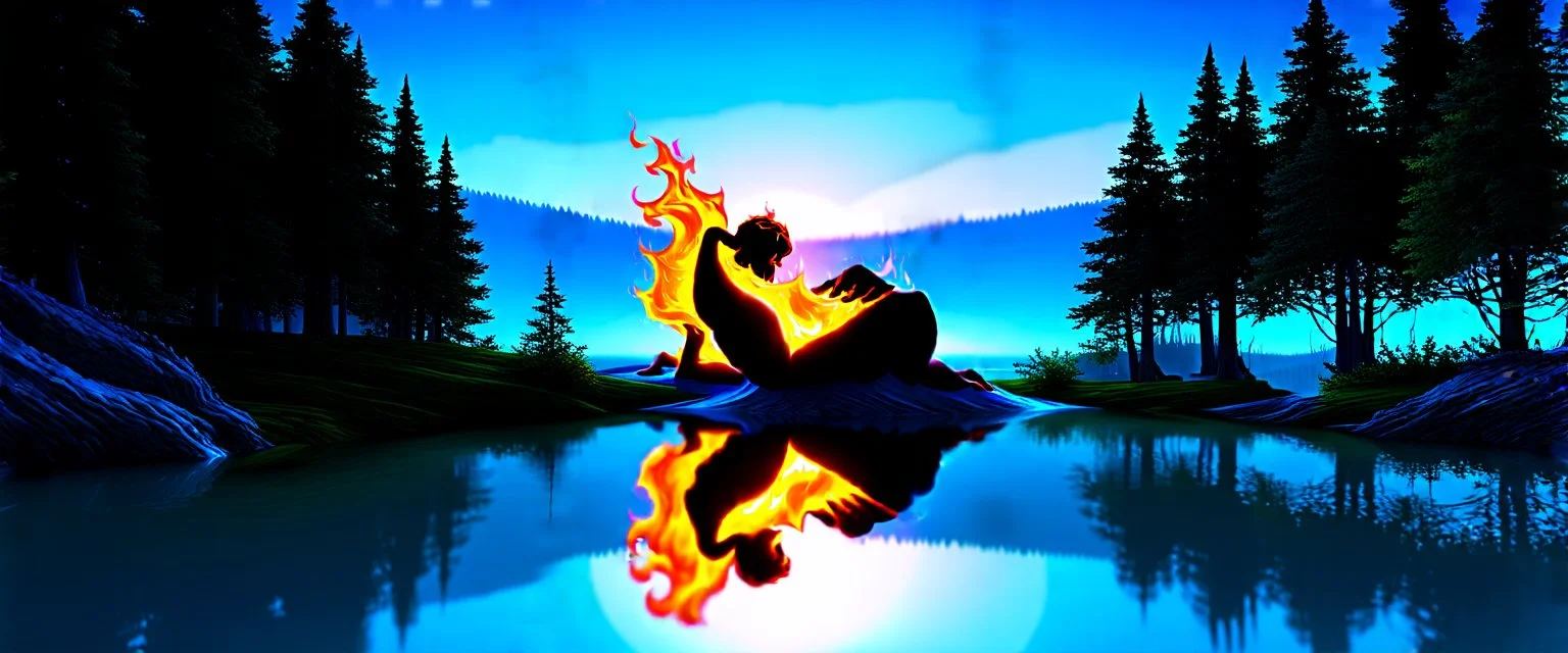 A hyper-realistic 4K scene of a serene forest lake at sunset. In the center of the lake, a pure elemental form of fire is gently hugging a pure elemental form of water. They are not human or creature-like — just abstract, living elemental shapes: fire is swirling, glowing flames with soft embers, and water is flowing, translucent waves with light reflections. Their embrace is tender, equal, and peaceful. The lake reflects their union. All around them, stylized "cooler fuel" trees with bluish bar