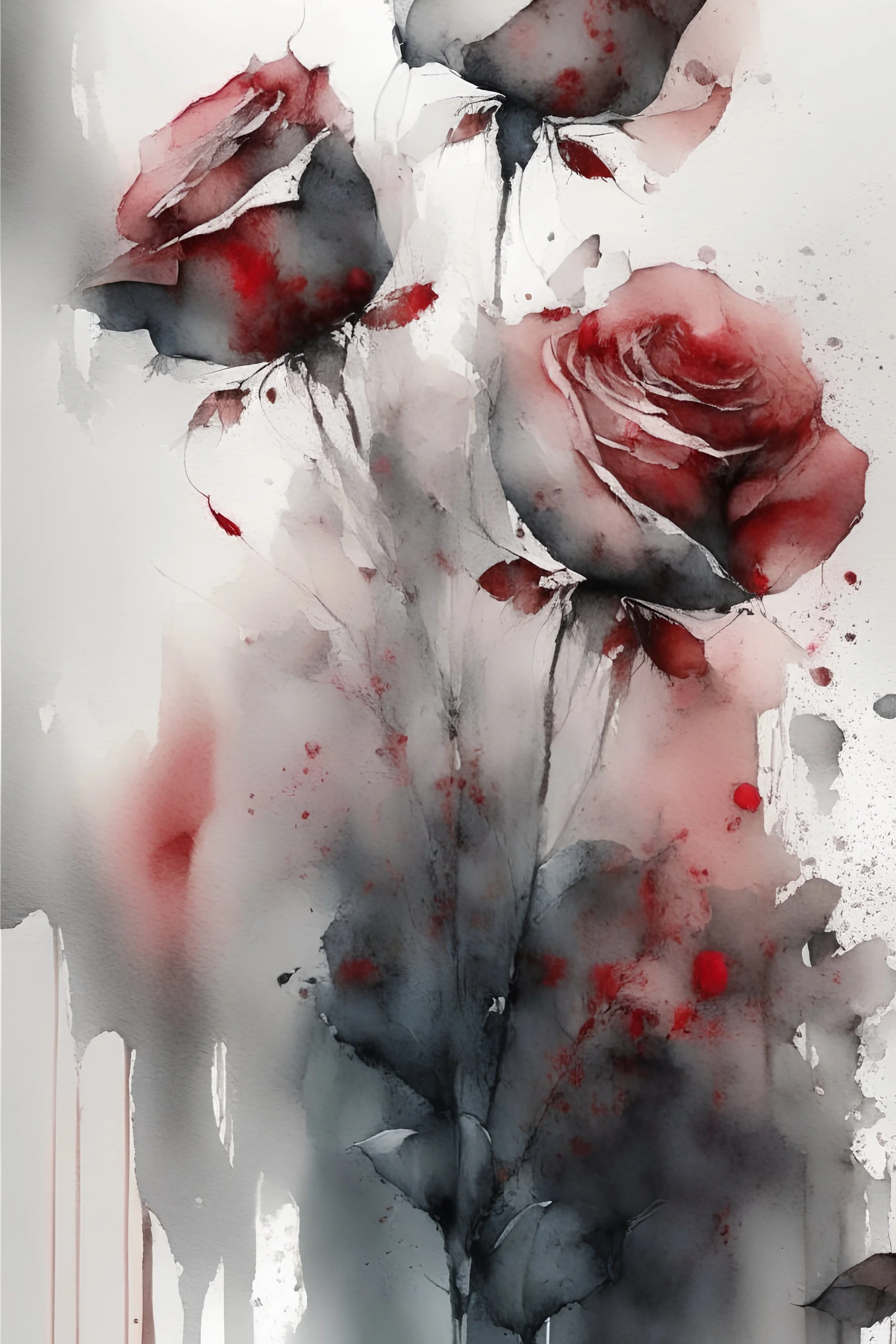 Abstract wet watercolour, grey red roses
