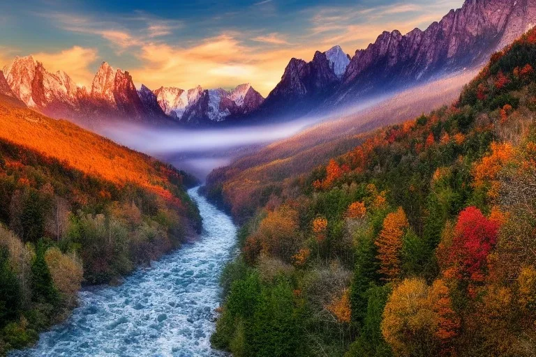 the most beautiful panoramic landscape, oil painting, where the mountains are towering over the valley below their peaks shrouded in mist, the sun is just peeking over the horizon producing an awesome flare and the sky is ablaze with warm colors and stratus clouds. a giant dreamy waterfall creates a river, it is winding its way through the valley and the trees are starting to bloom in a great variety of colors, by greg rutkowski, aerial view