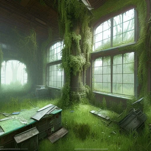 Overgrown, abandoned, interior, highly detailed