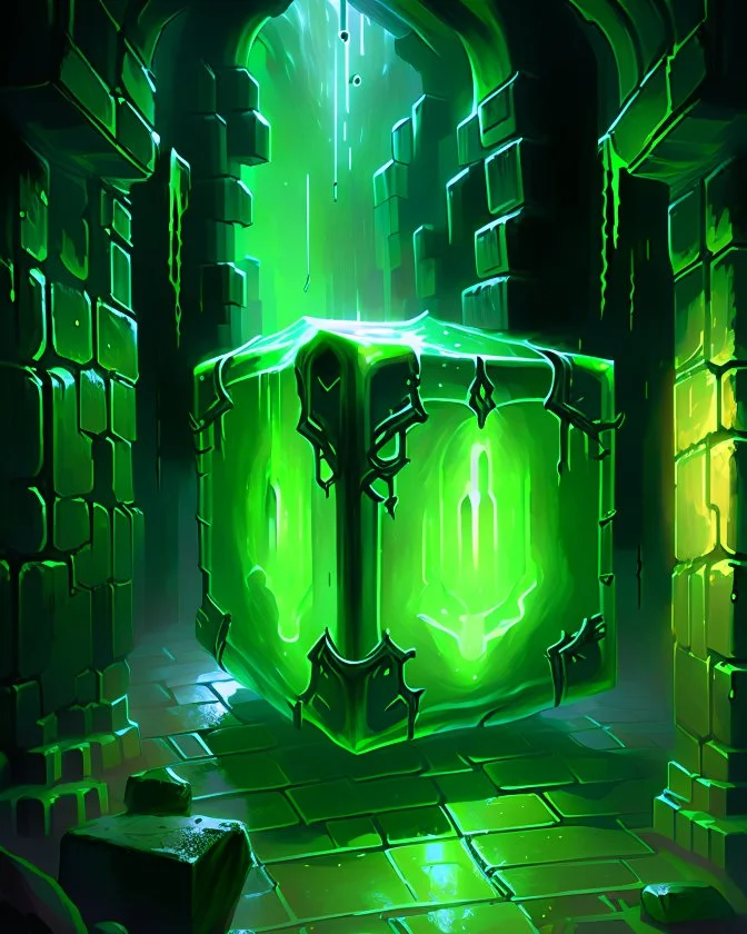 gelatinous cube in vast iron dungeon corridor lit with green torches rpg art painterly