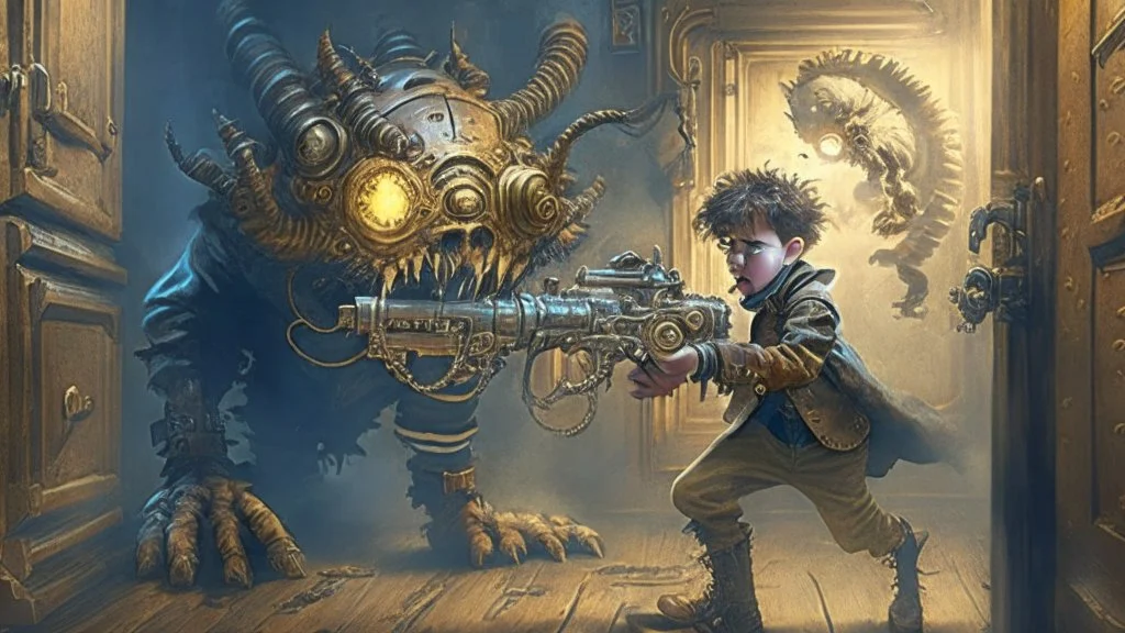 boy fends off the evil monster that came out of his closet with a steampunk styled rifle